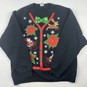 Ugly Christmas Sweater Sweatshirt XL Jerzees Crew Neck Poinsettia Santa Reindeer